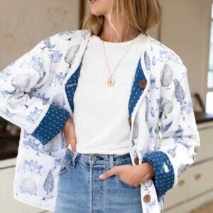 Emerson Fry reversible quilted jacket in blue/white twin fawn pattern